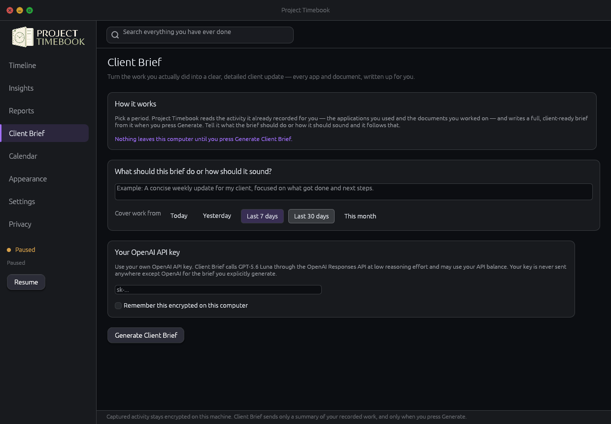 Client Brief screen showing the previewed lines that would be sent and the draft it produces