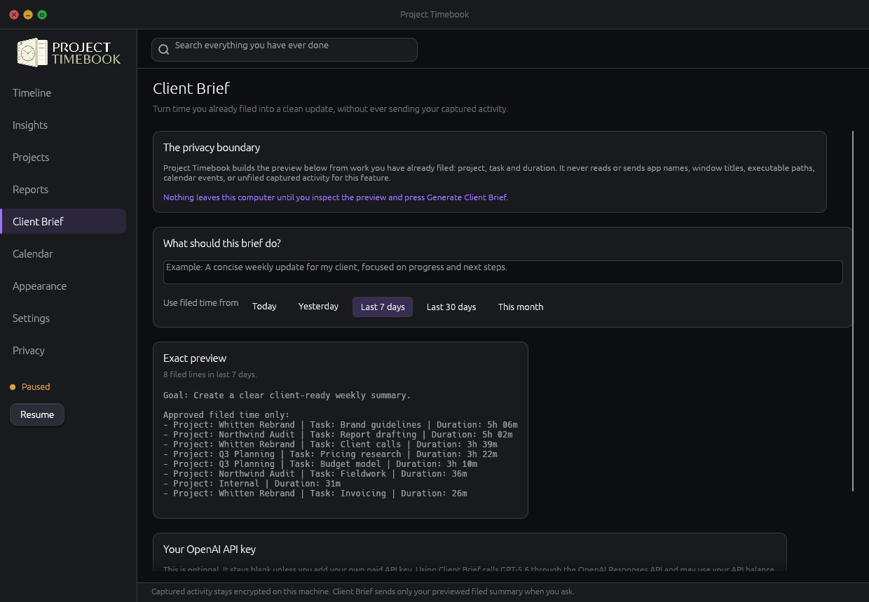 Client Brief screen showing the previewed lines that would be sent and the draft it produces