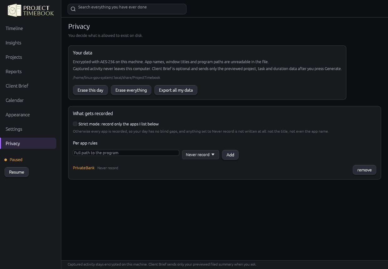 Privacy screen showing per-application recording rules set to Full, App only or Never