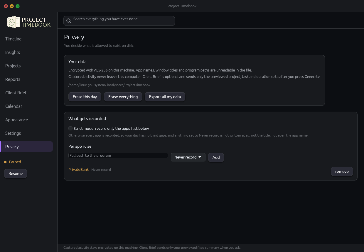 Privacy screen showing per-application recording rules set to Full, App only or Never