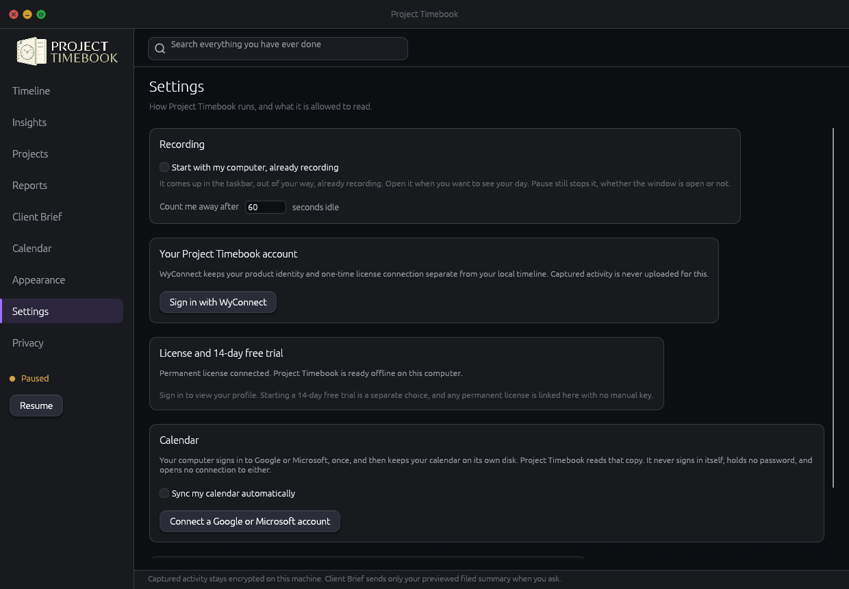 Settings screen showing idle threshold, startup, calendar source and data controls