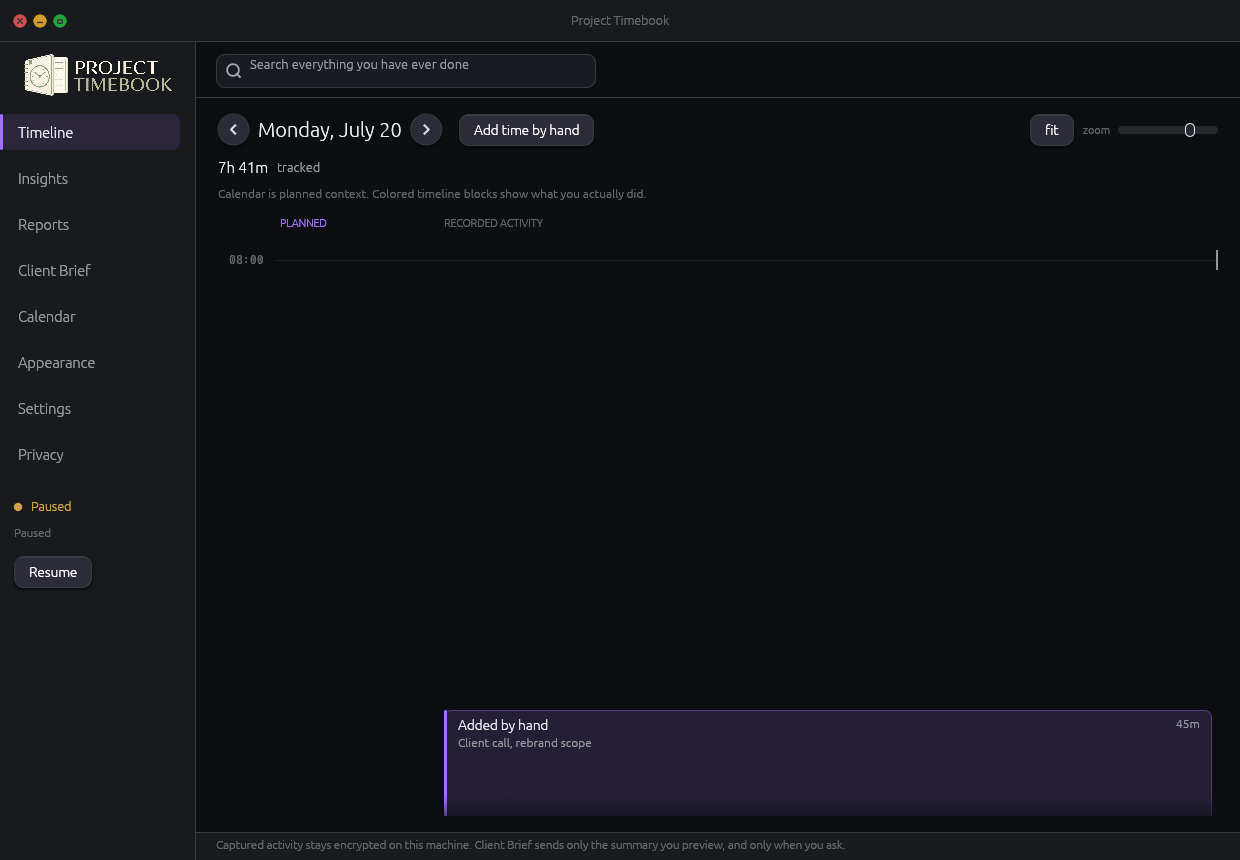 Project Timebook timeline for Sunday July 19 showing 7 hours 41 minutes tracked and 49 minutes not yet filed to a project