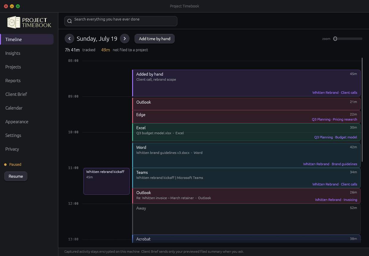 Project Timebook timeline for Sunday July 19 showing 7 hours 41 minutes tracked and 49 minutes not yet filed to a project