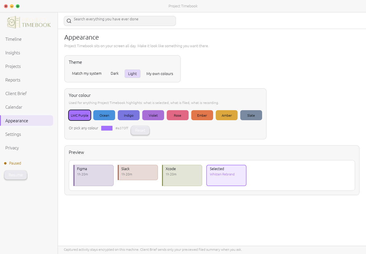 Appearance screen in light theme showing theme mode and custom colour controls